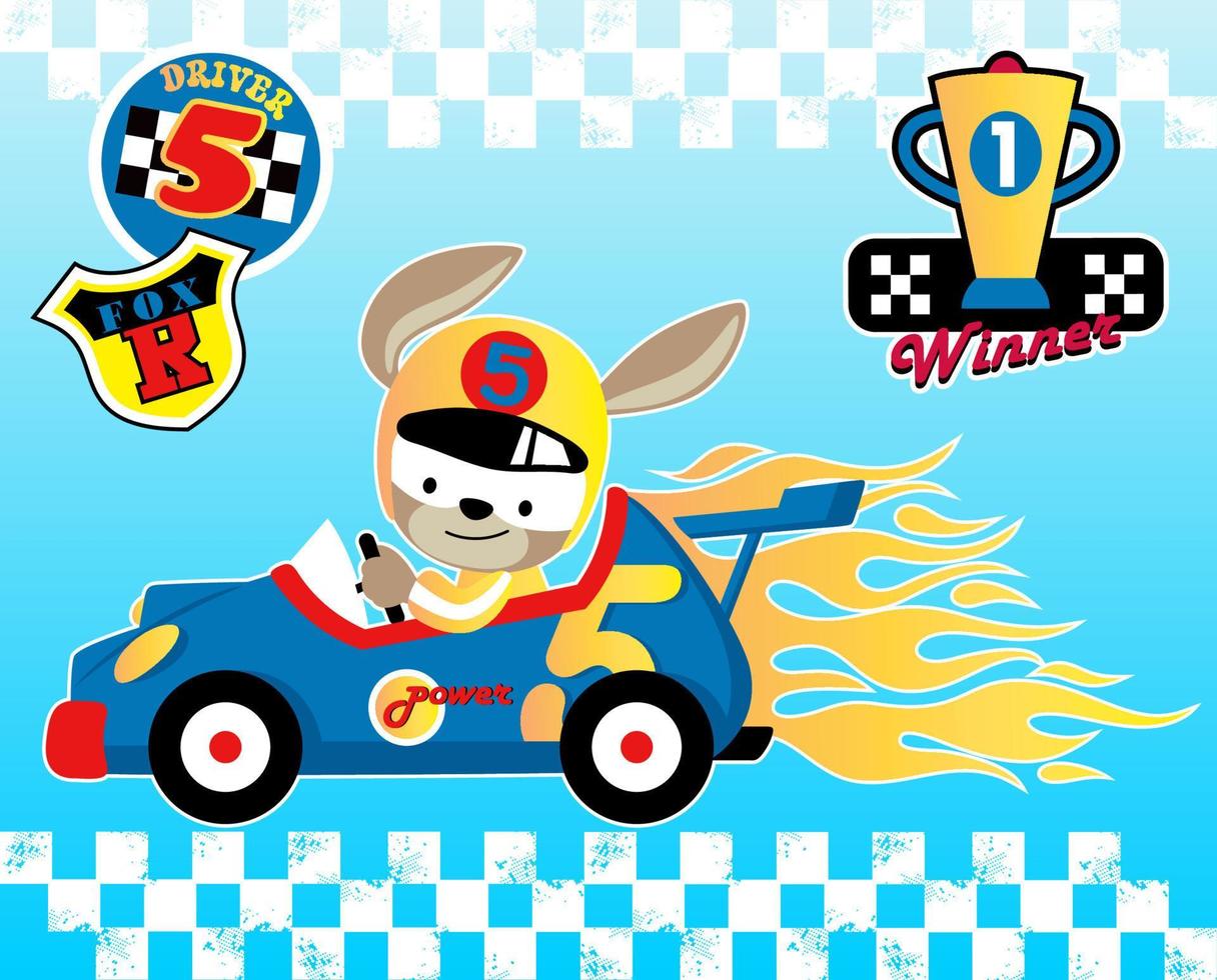 Funny kangaroo on racing car with racing car elements, vector cartoon illustration