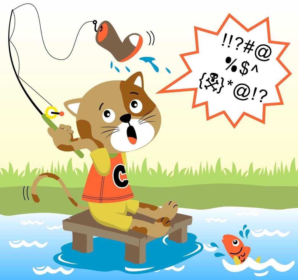 Funny cat fishing in river gets shoe, fish on water, vector cartoon illustration