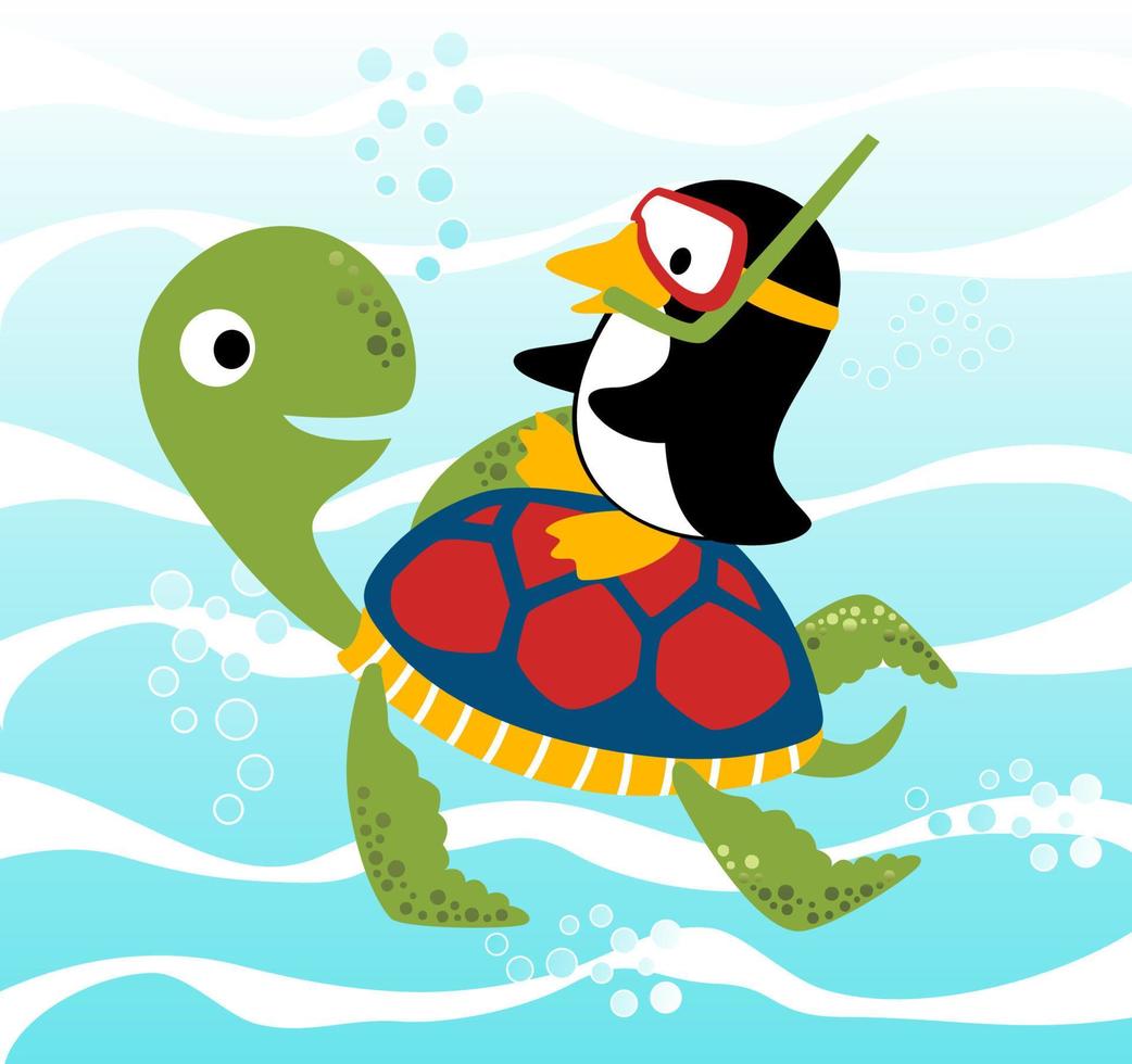 gracioso Tortuga con pingüino submarino, vector dibujos animados ilustración