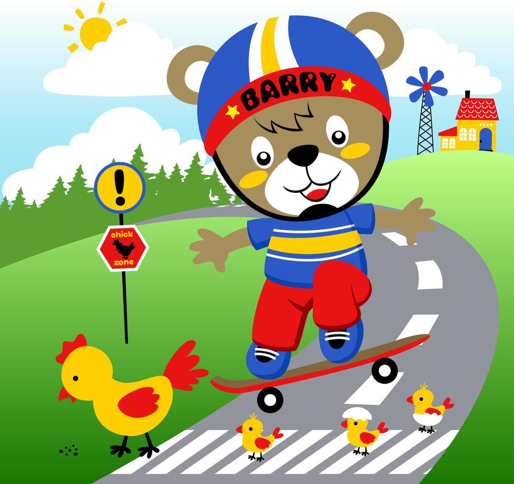 Funny bear playing skateboard in the road, chicken family crossing road, vector cartoon illustration