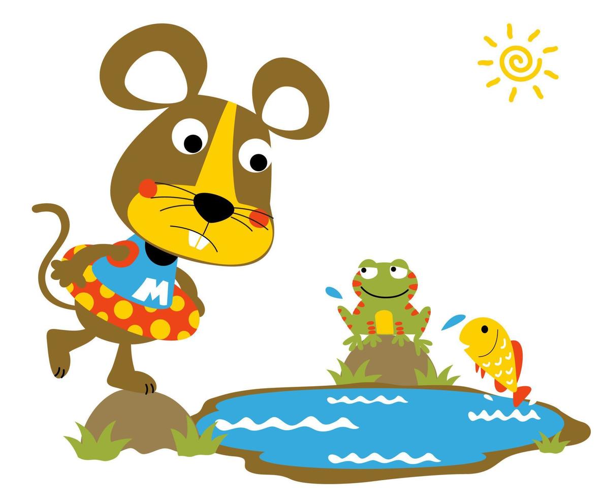 Funny mice with buoy, frog and fish in pond, vector cartoon illustration
