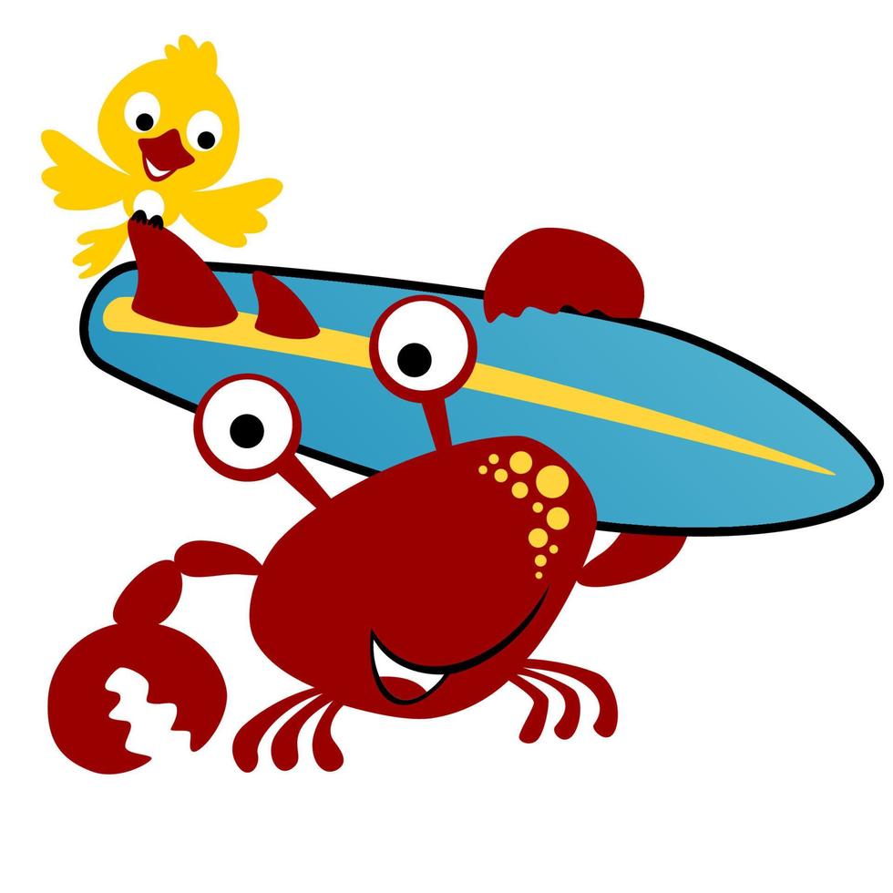 vector cartoon crabs carrying surfboard with a bird