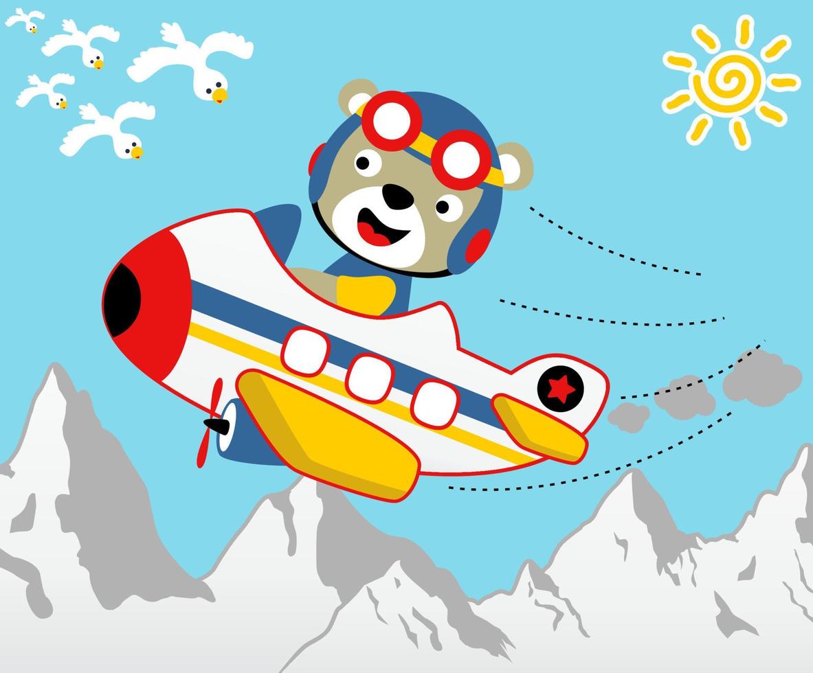 Cute bear on airplane with seagulls, vector cartoon illustration