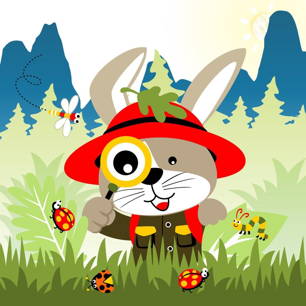 Funny rabbit holding magnifying glass with insects in study, vector cartoon illustration