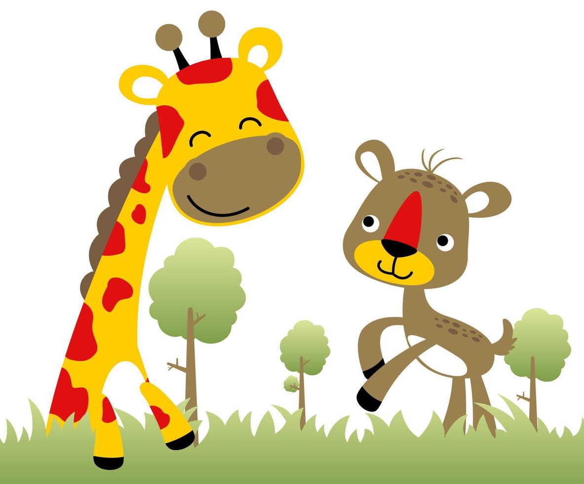 Cute giraffe with funny deer in forest, vector cartoon illustration