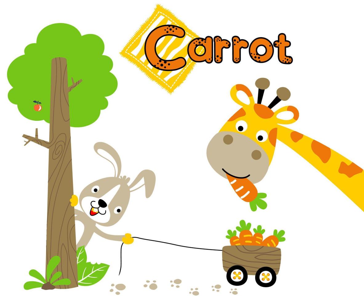 Funny giraffe eating carrot, cute rabbit in tree pulling carrots with cart, vector cartoon illustration