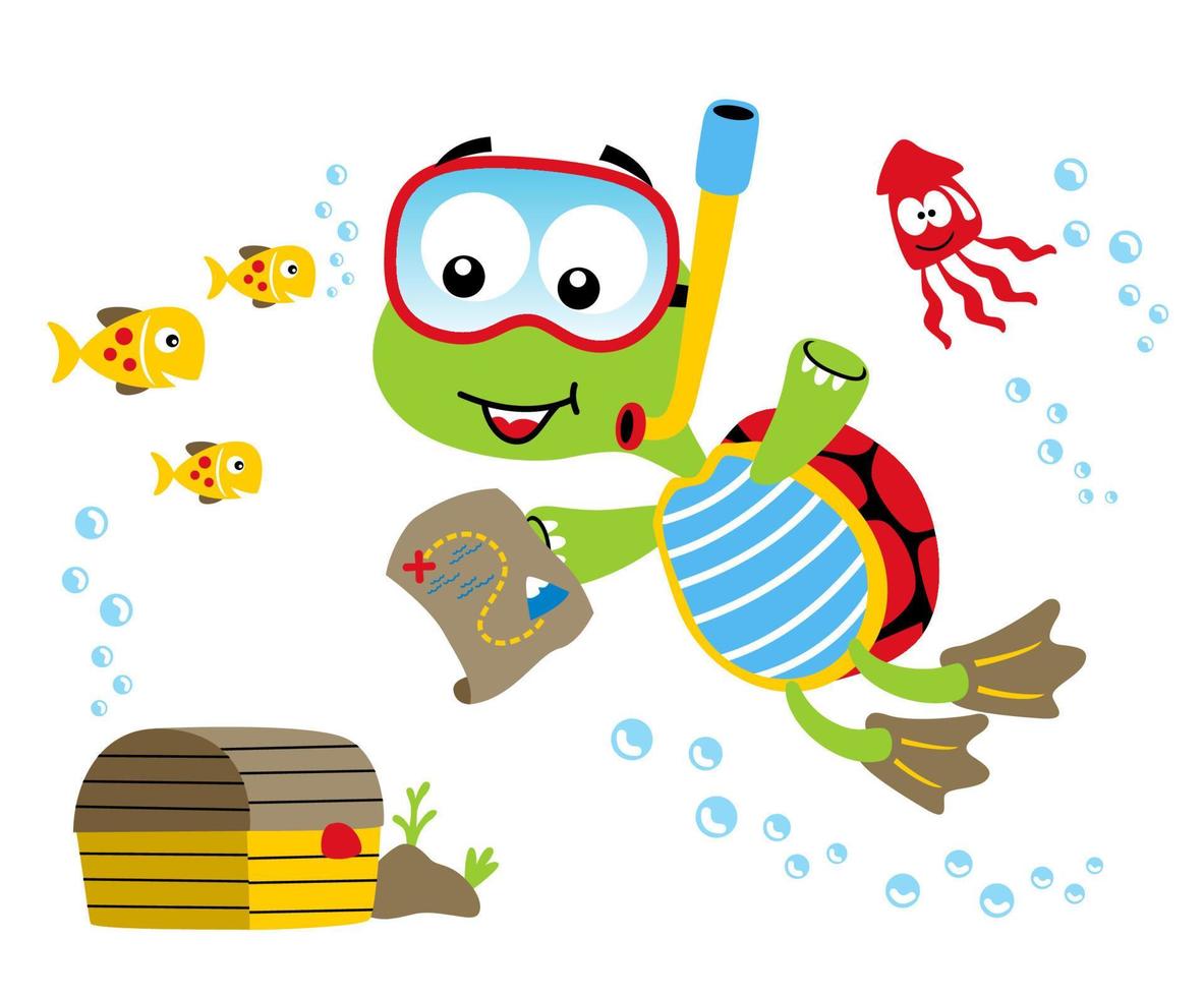 Cute turtle wearing diving goggles with fishes and squid finding treasure chest undersea, vector cartoon illustration