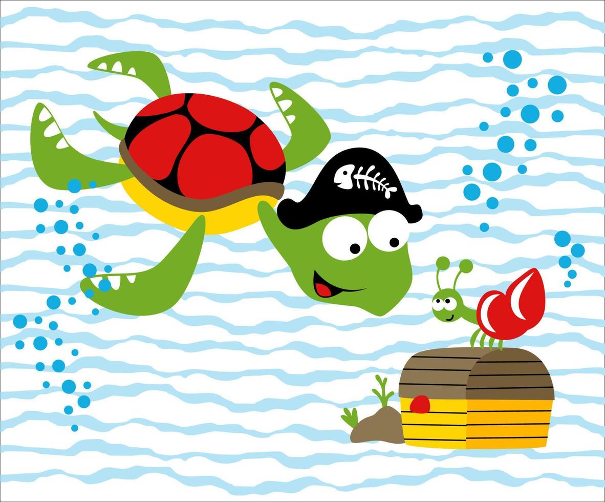 Cute turtle and hermit crab with treasure chest undersea, vector cartoon illustration