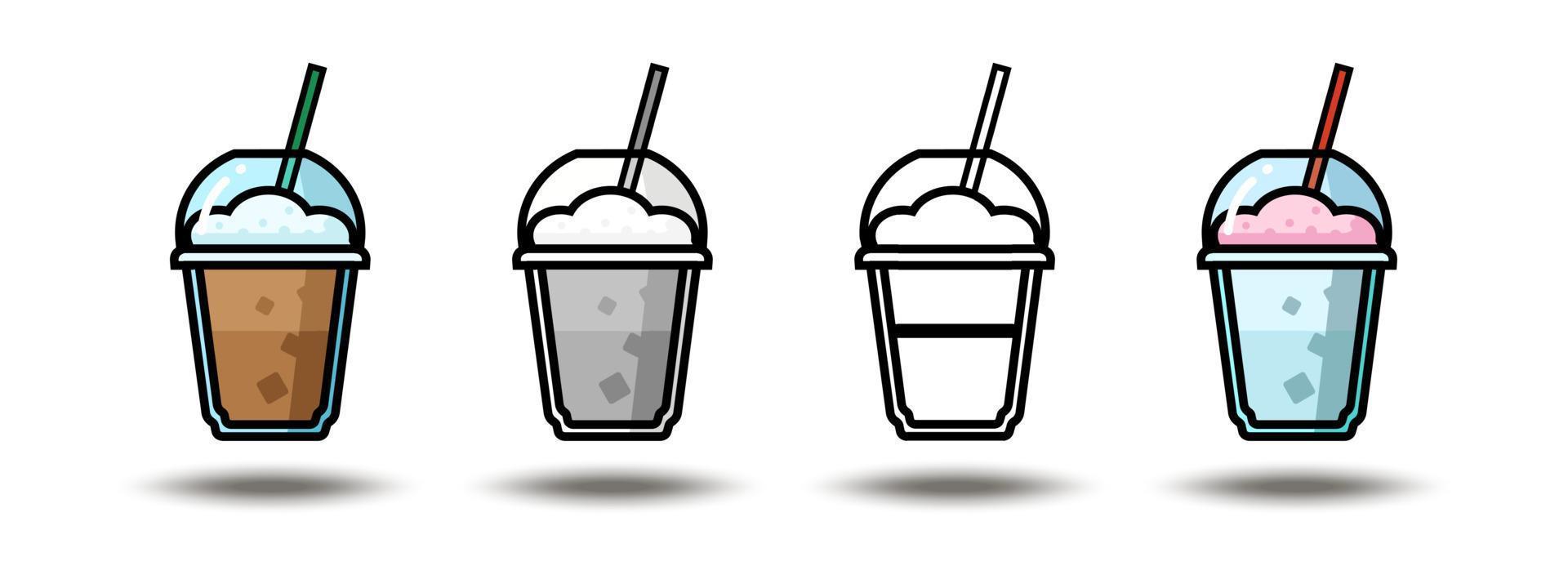 Vector icon illustration. Colorful frappe coffee in gray, color and blakc and white. Isolated on white background.