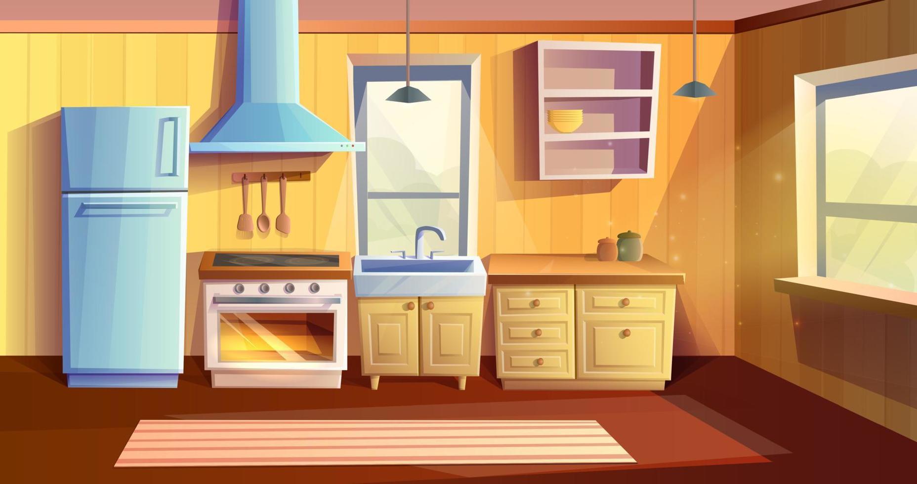 vector dibujos animados estilo ilustración de cocina habitación. refrigerador, horno con un estufa y quemador, hundir, armarios y extractor capucha.
