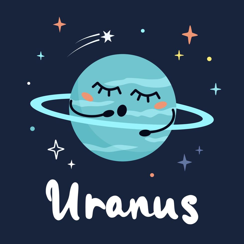 Cute cartoon planet character Uranus with funny face. Poster solar system for children. Vector illustration