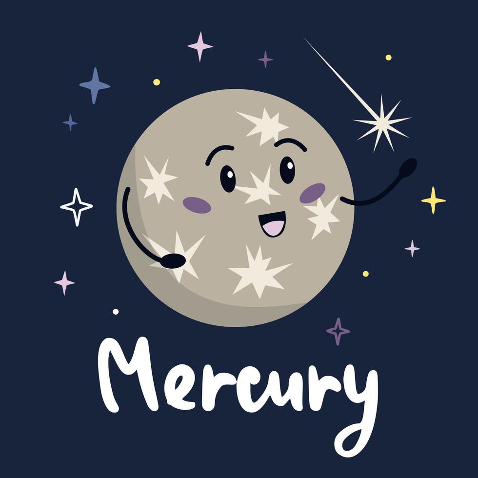 Cute cartoon planet character Mercury with funny face. Poster solar system for children. Vector illustration