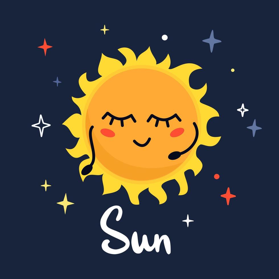 Cute cartoon planet character Sun with funny face. Poster solar system for children. Vector illustration