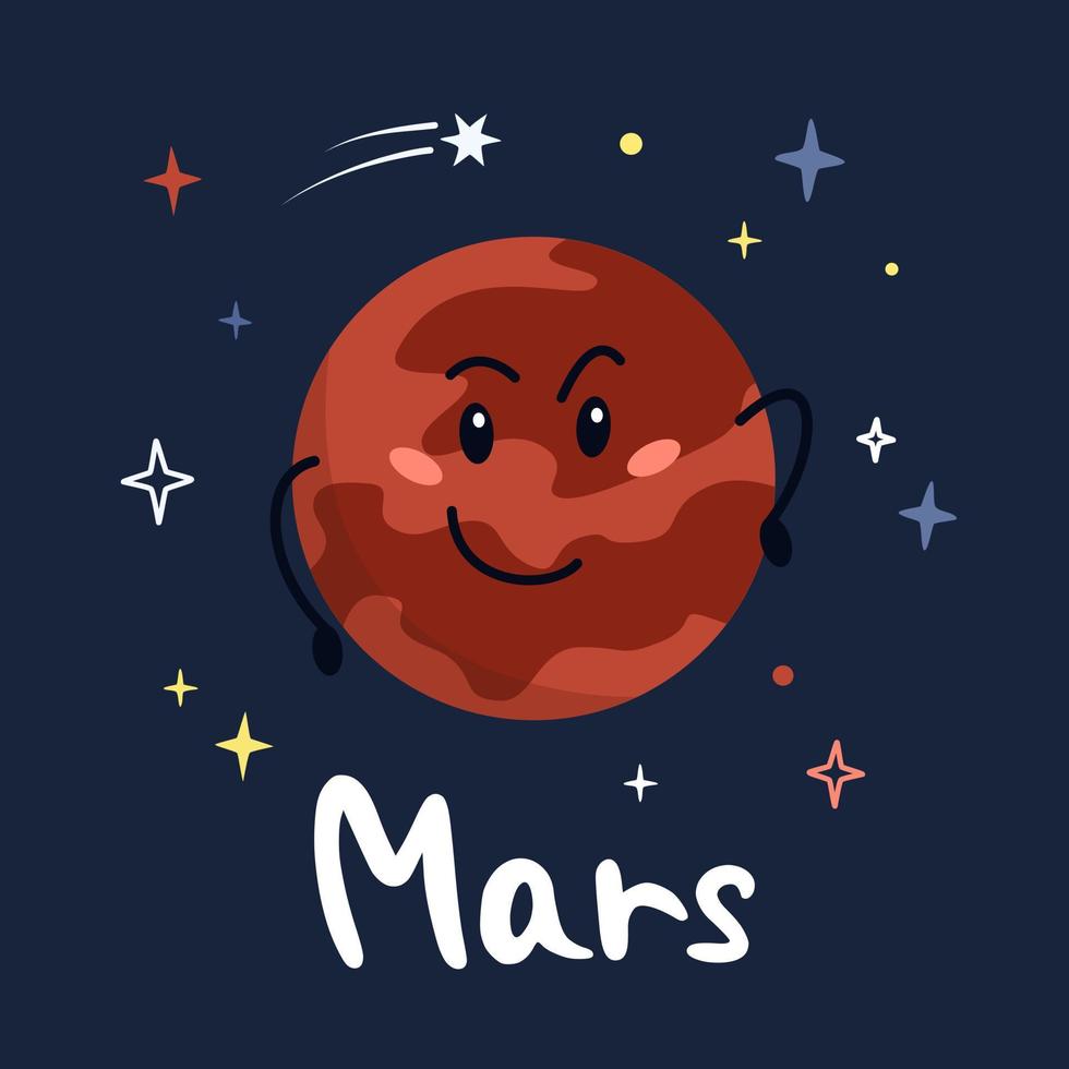 Cute cartoon planet character Mars with funny face. Poster solar system for children. Vector illustration