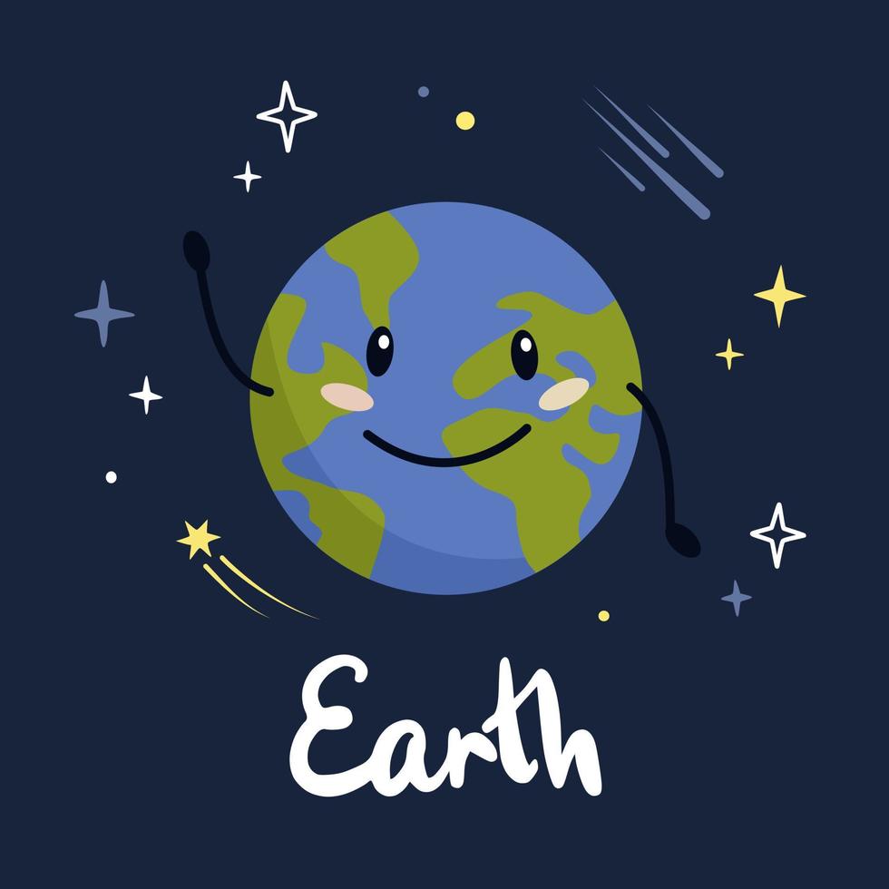 Cute cartoon planet character Earth with funny face. Poster solar system for children. Vector illustration