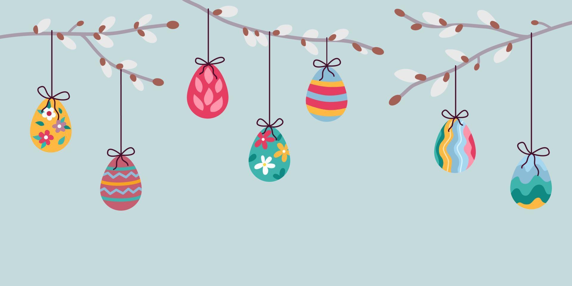 Easter eggs hang on pussy-willow branches on a gray-blue background. Flat style vector illustration.