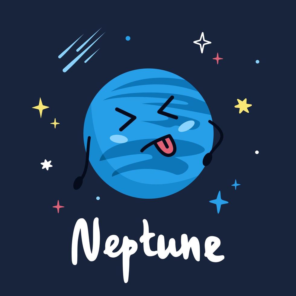 Cute cartoon planet character Neptune with funny face. Poster solar system for children. Vector illustration