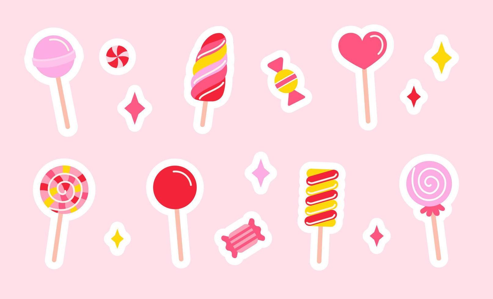 dulces, piruletas y caramelo en palos en plano estilo. pegatinas colocar. vector ilustración