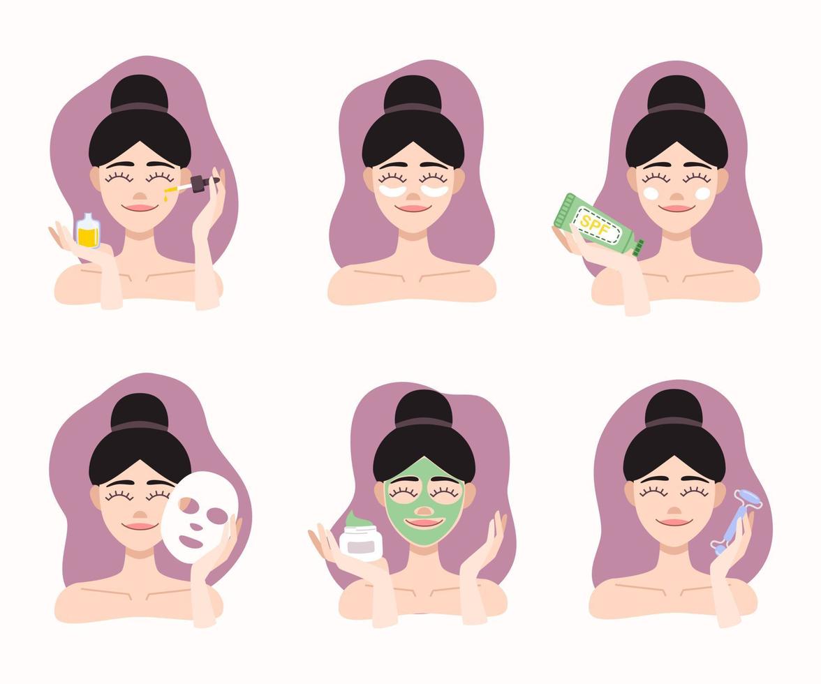 Set of flat icon beauty procedure. Girls use facial oil, eye patches, facial mask, spf, cream, roller. Vector illustration