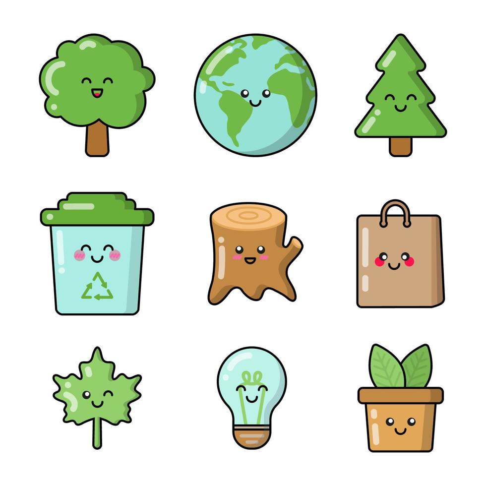 Eco things patches, badges, stickers, logos. Set of cute funny cartoon characters icons in asian japanese kawaii style. Vector ecology doodles of Earth planet, tree, paper bag, lamp, maple leaf, bin.