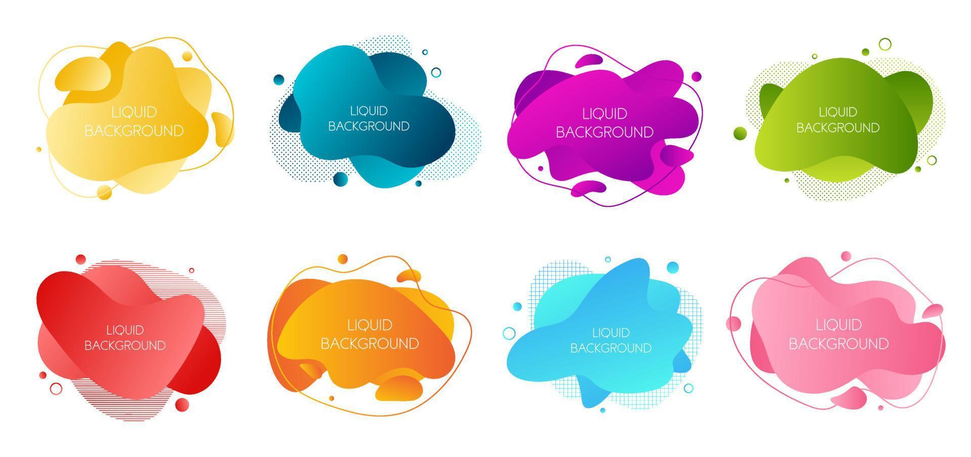 Set of 8 abstract modern graphic liquid elements. Dynamical waves different colored fluid forms. Isolated banners with flowing liquid shapes. Template for the design of a logo, flyer or presentation vector