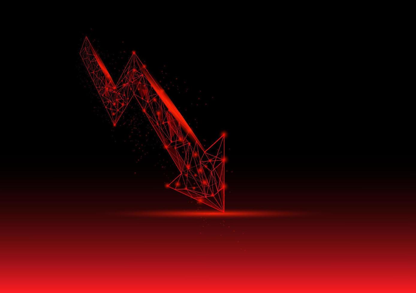 Economic critical crisis concept. A low polygon with a wireframe of the lower arrow and shiny red background. Recession financial, cryptocurrency, gold, and the stock market. Losing money and cash. vector