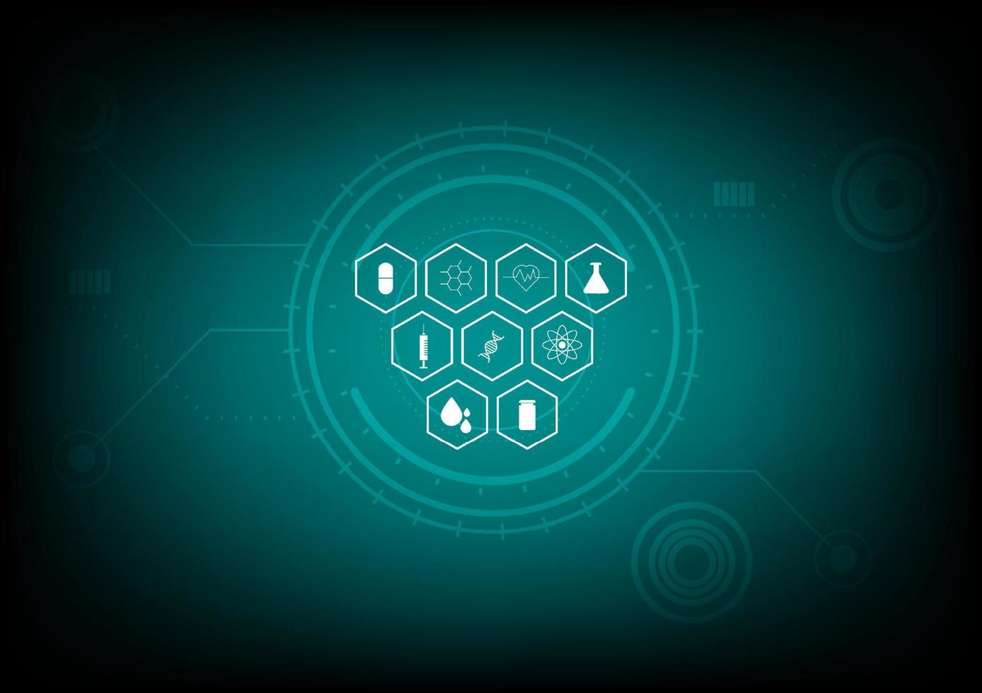 Telemediciene concept. Hexagonal shape with the icons of medical such as a syringe, drug, DNA, capsule, heart rate, and stethoscope on technology background. E-healthy innovative medical diagnosis. vector