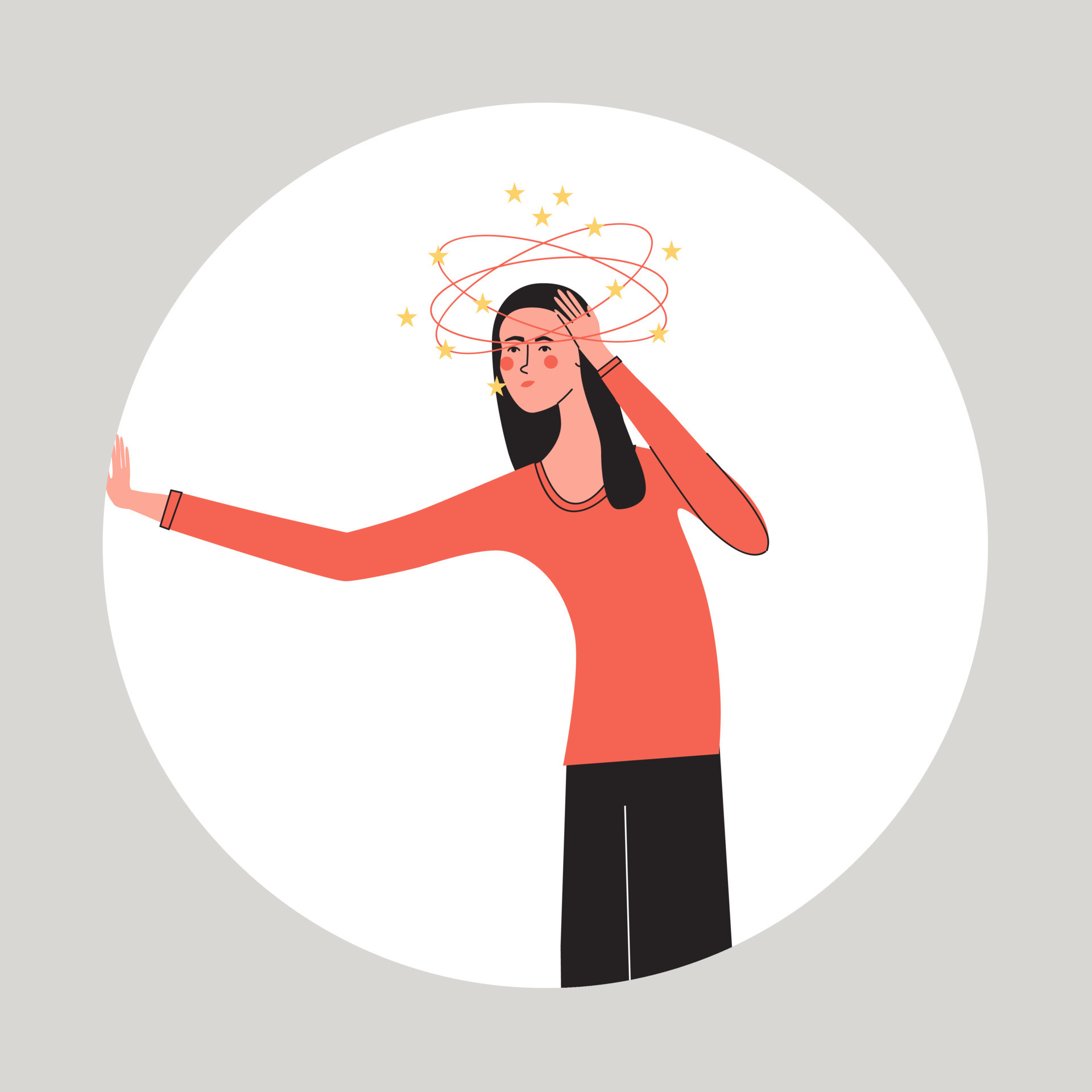 Dizziness. Young woman having dizzy symptom. Shoked, exhausted, tired