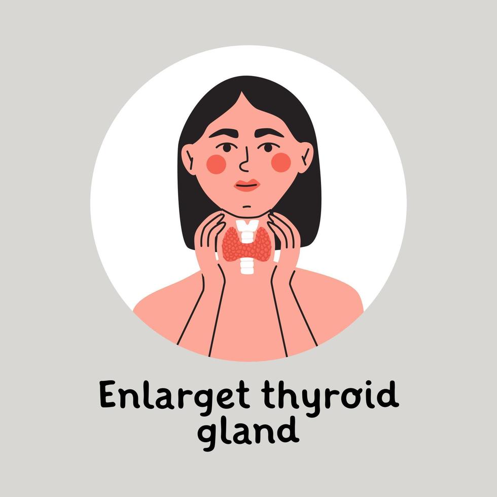 Woman showing enlarget thyroid gland on her neck. Endocrinology system symbol, organ responsible for hormone production. vector