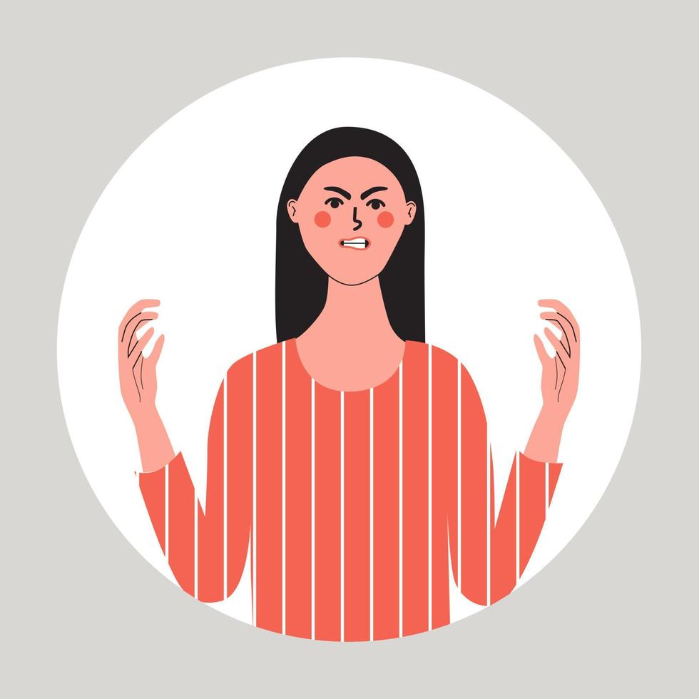 Angry rage young woman, irritability concept. Human negative emotion. Female feeling furious aggresive. vector