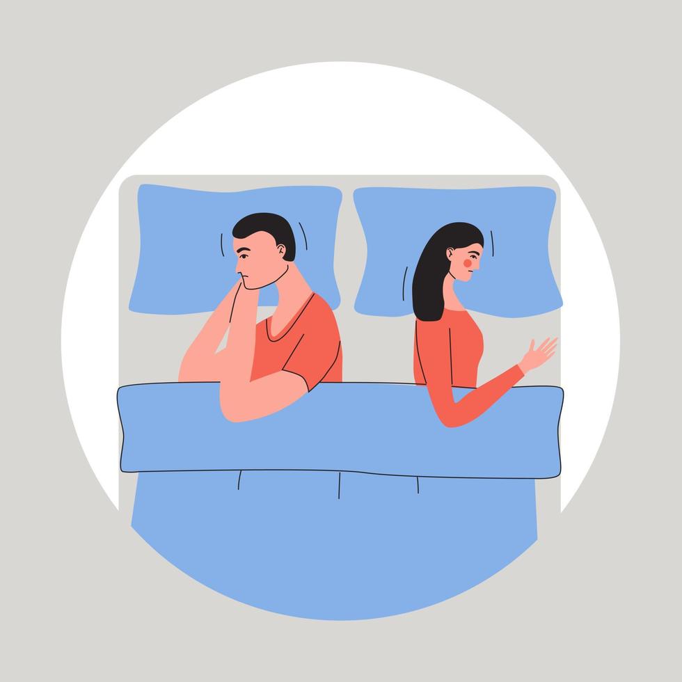 Sexual or marital problems, disagreement concept. Young couple lying side by side on the bed and ignoring each other. vector