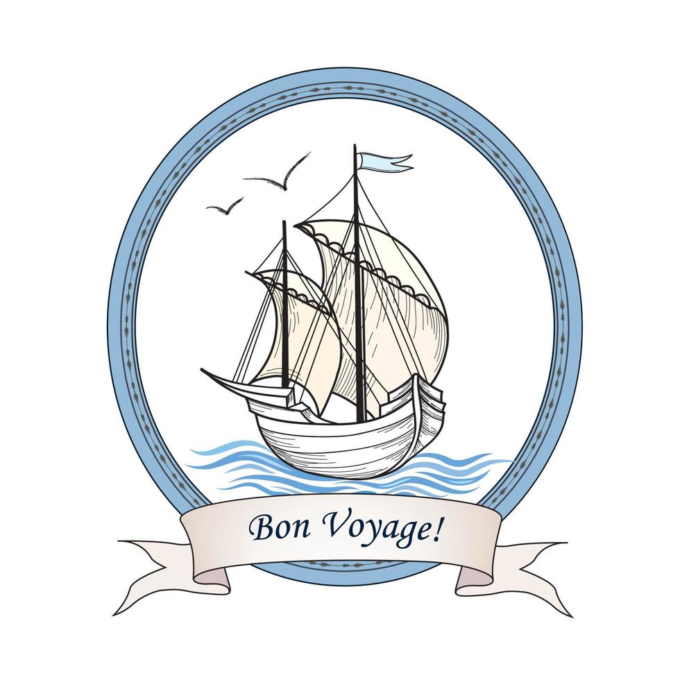 Sailing ship. Summer holiday Bon Voyage card. Sail boat transport. Marine travel. Yacht sign vector