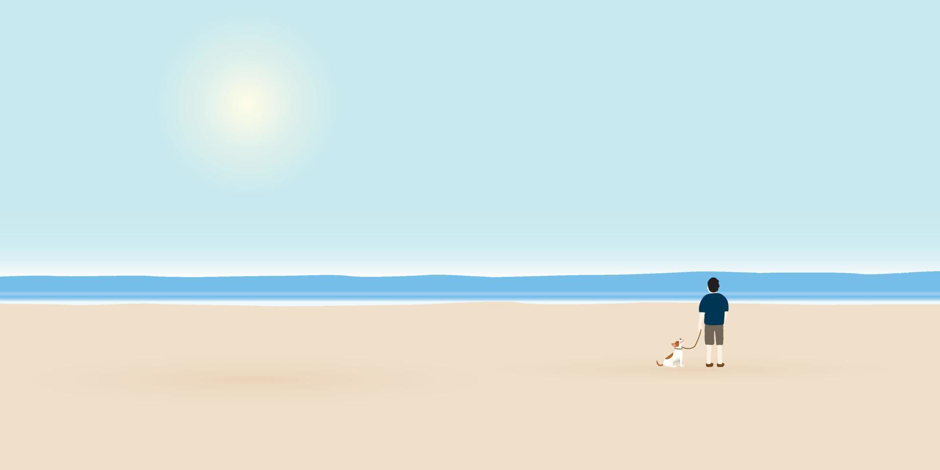 Illustration of tropical blue sea, sand beach and sun background with man and his dog. Landscape of coast beautiful sea shore beach on good sunny day flat design illustration. vector