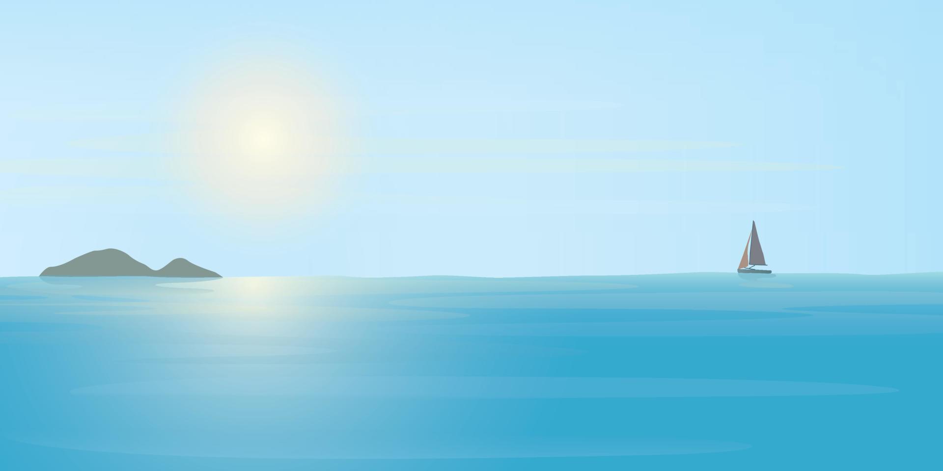 Tropical blue sea in sunshine day have yacth and island at skyline illustration. Seascape and blue sky flat design. vector