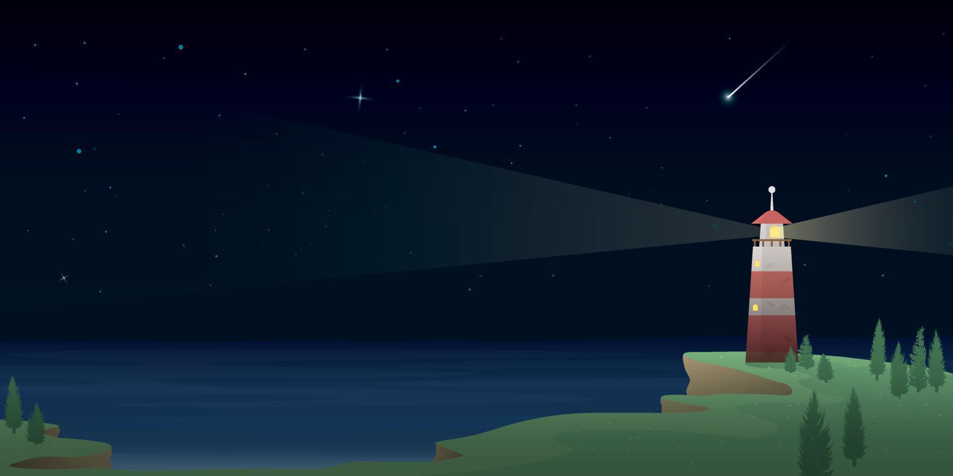 faro con ligero haz en rock acantilado en mar apuntalar a noche. isla faros, ligero casa, marina, señal edificio en playa y estrellas en el cielo a noche. línea costera paisaje con Faro. vector