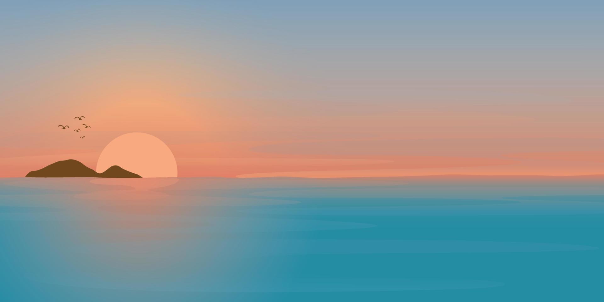 Illustration of sunset at tropical blue sea. Seascape sunset with skyline flat design have blank space for any wording advertisement. vector