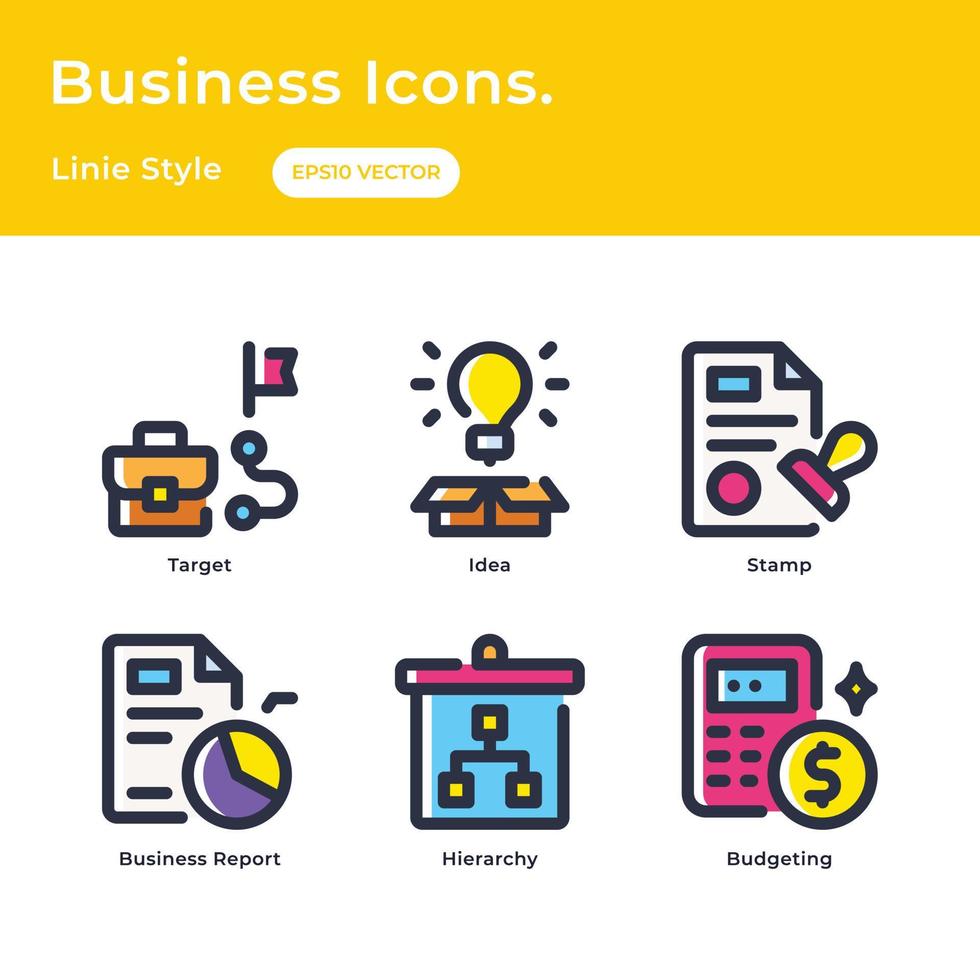 Business icon set with flat line style with business target, idea, stamp, business report, hierarchy, budgeting vector