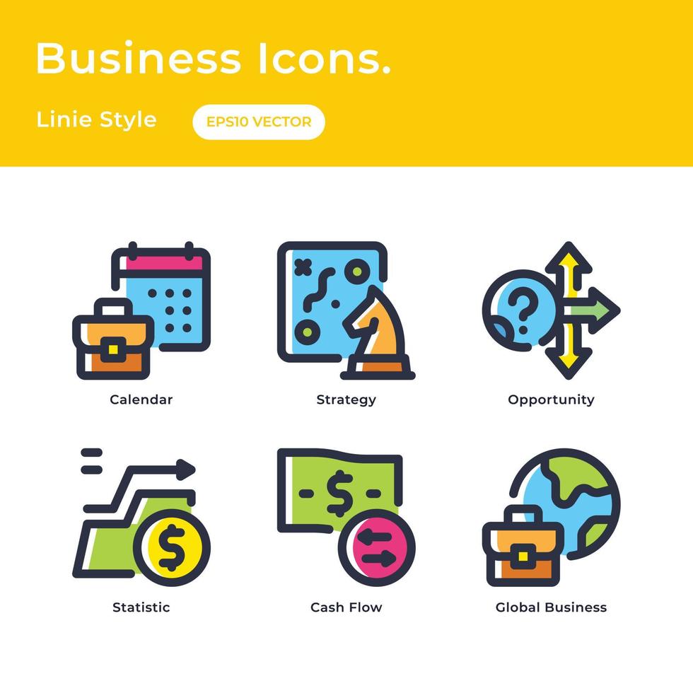 Business icon set with flat line style with calendar, strategy, opportunity, statistic, cash flow, global business vector