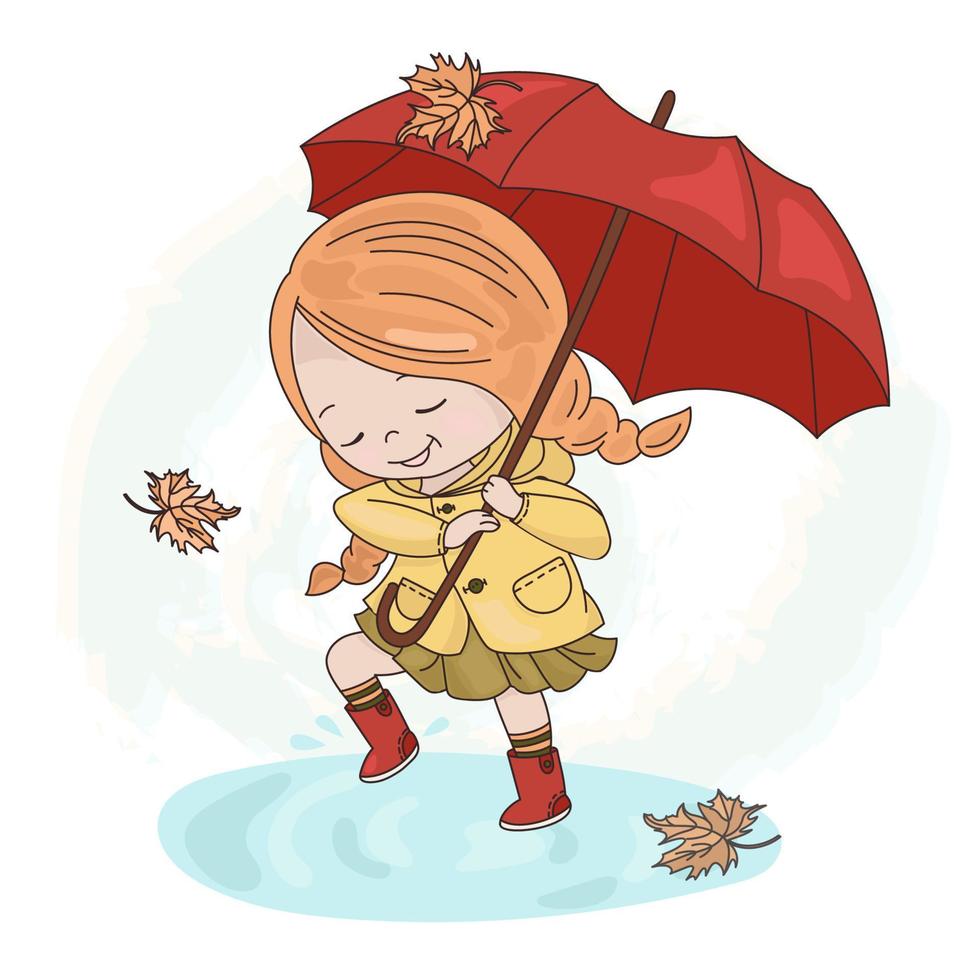 lluvia niña otoño otoño paraguas temporada vector ilustración conjunto