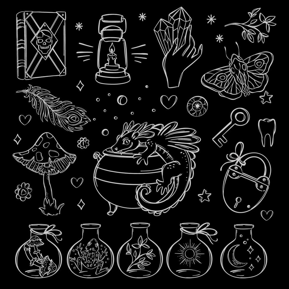 OCCULT ELEMENTS Witchcraft Monochrome Esoteric Astrology Set vector