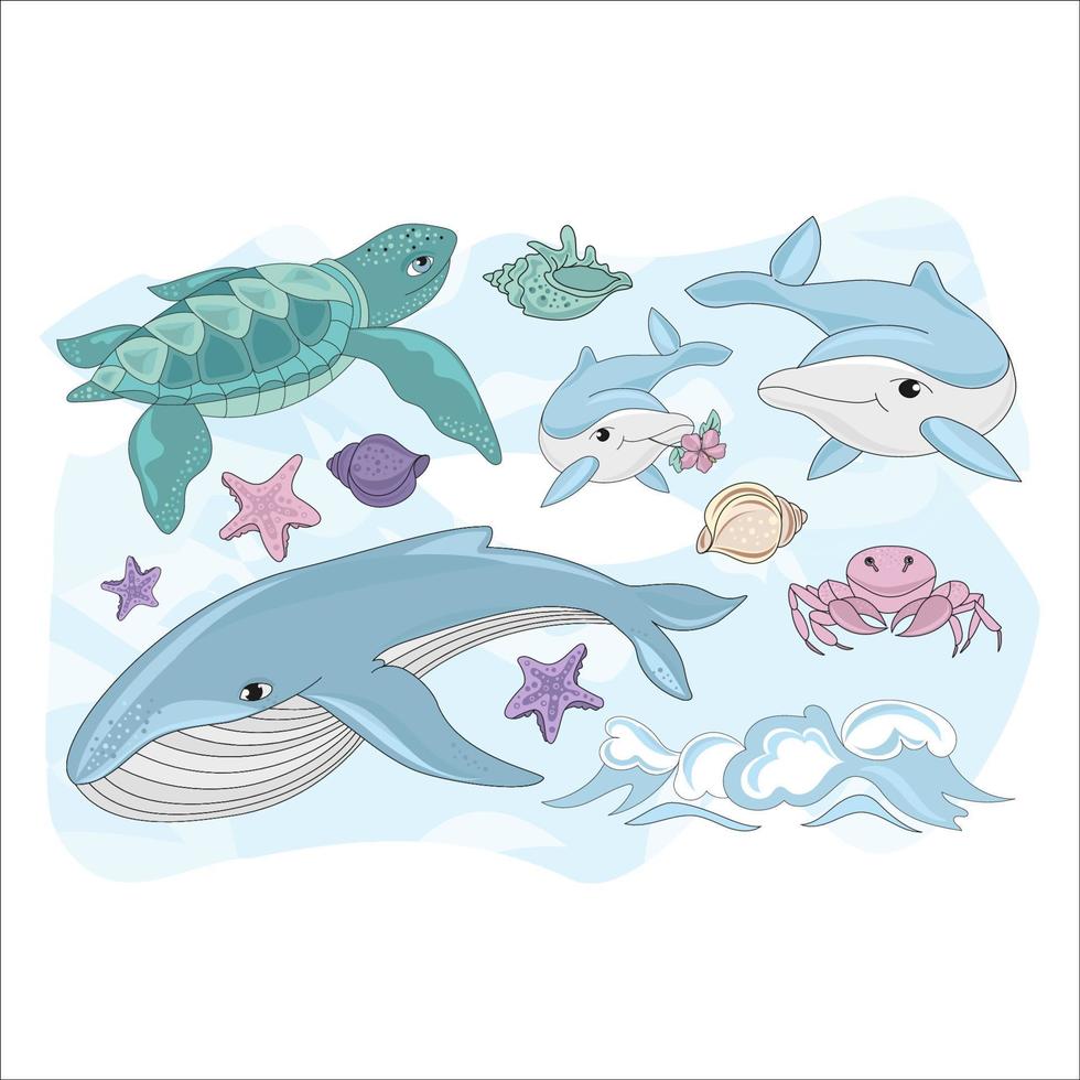 SEA CREATURE Underwater Animals Cartoon Vector Illustration Set