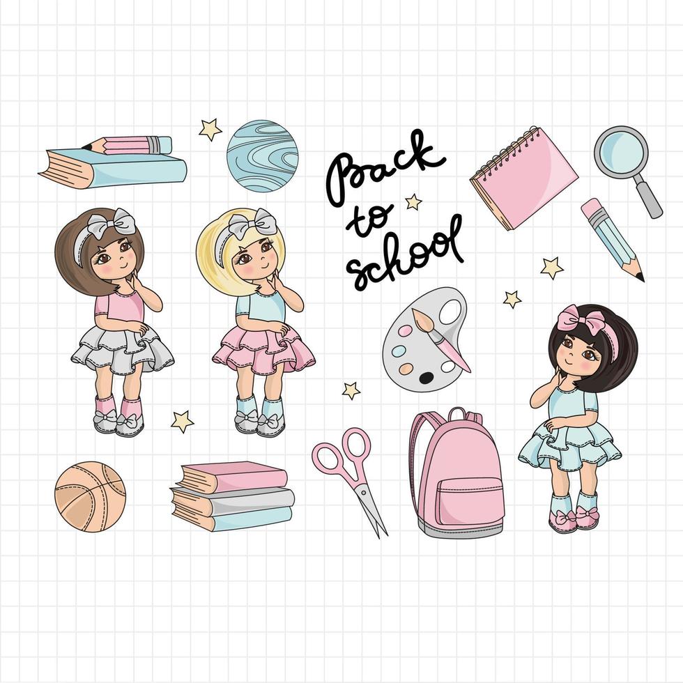 SCHOOL Education Supplies Cartoon Girl Vector Illustration Set