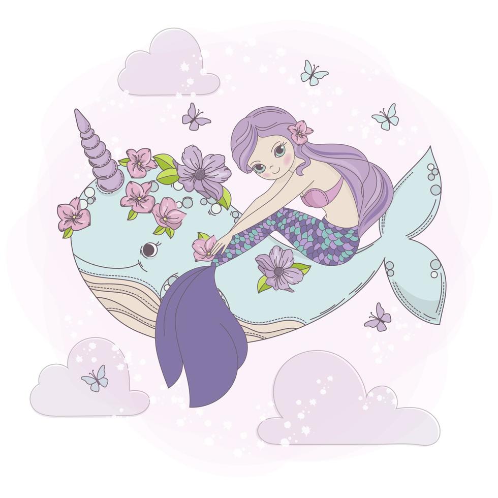 SKY MERMAID Sea Princess Whale Cartoon Vector Illustration Set