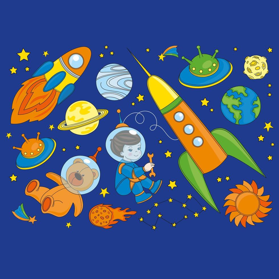 SPACE SHIP Galaxy Cosmos Boy Cartoon Vector Illustration Set