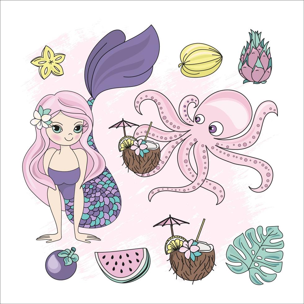 tentadora sirena princesa niña clipart vector ilustración conjunto