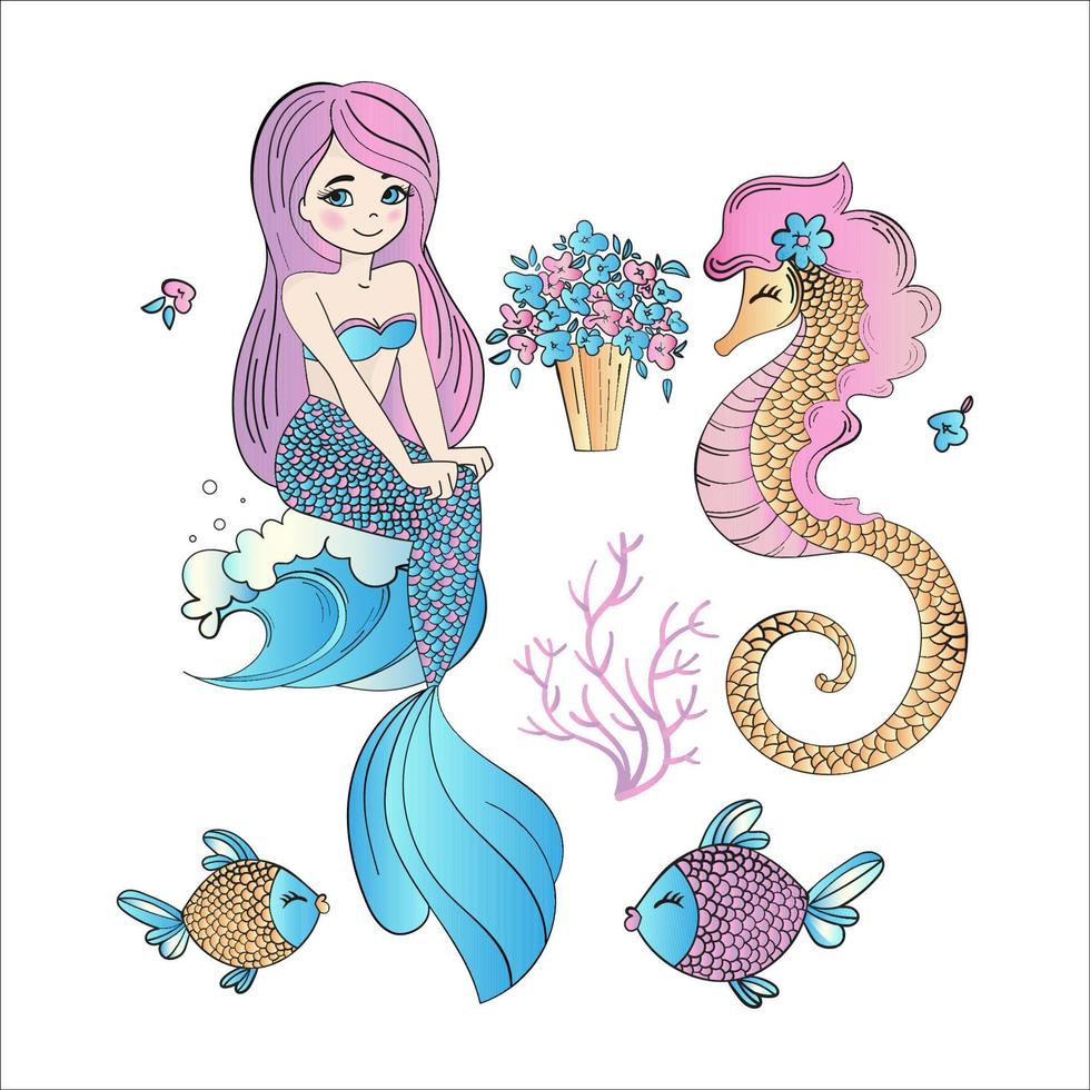 UNDERWATER EASTER Mermaid And Seahorse Vector Illustration Set
