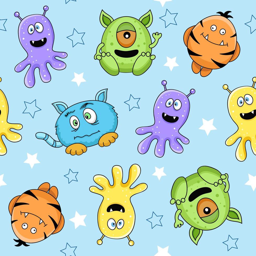 Seamless monsters pattern. Cute monsters. Vector illustration. Cartoon style.