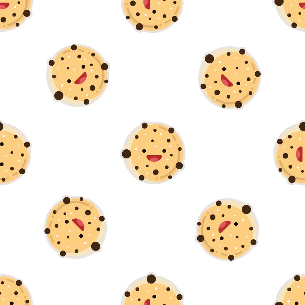 Cute chocolate chip cookie seamless pattern. Vector illustration. Food icon concept. Flat cartoon style.