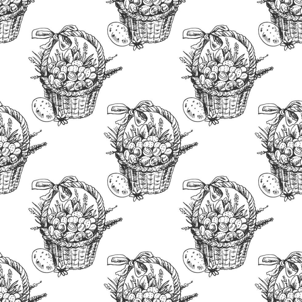 Hand-drawn seamless sketch  pattern of an Easter basket with eggs and flowers.  Easter Holiday. Vector illustration. Vintage style.