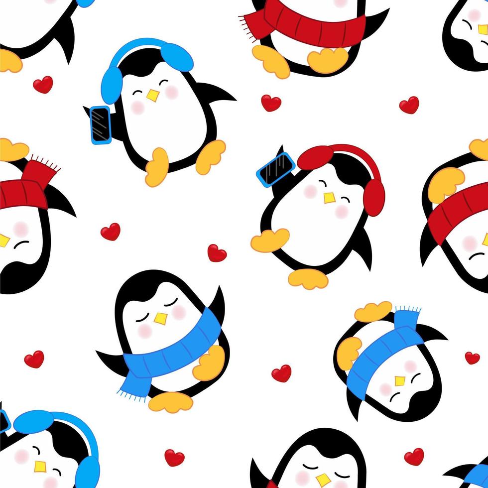 sin costura pingüino modelo. linda bailando pingüino escuchando a música con azul auriculares y pingüino en un azul bufanda. vector ilustración. kawaii estilo.